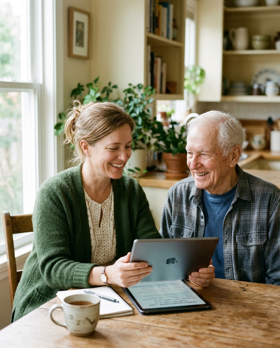A home care agency owner reviewing a care schedule on a tablet beside a smiling older client